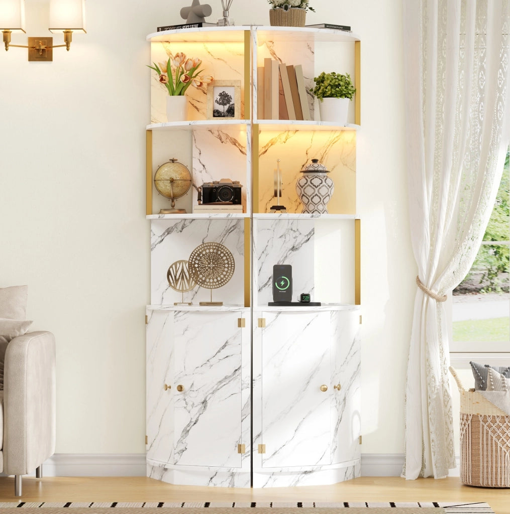 Mobile angolare 38x38x180 cm con LED e prese in MDF bianco con 2 ante