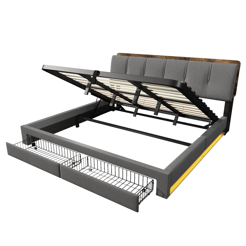 Letto Matrimoniale 180x200 Grigio con Contenitore Idraulico; Cassetti; LED e USB Type-C
