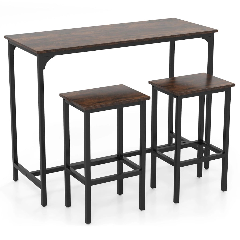 Set da pranzo 3 pezzi con tavolo industriale alto 120 cm, 2 sgabelli da bar e sedie per spazi piccoli Marrone-Tavoli e sedie da pranzo