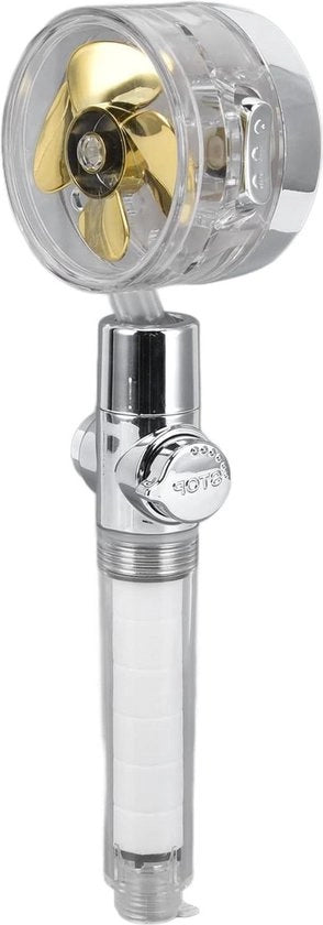 Testa doccia a mano con propulsore a elica 360 gradi rotante, ventilatore turbo a alta pressione con filtro e interruttore di pausa per risparmio d'acqua con vortice.
