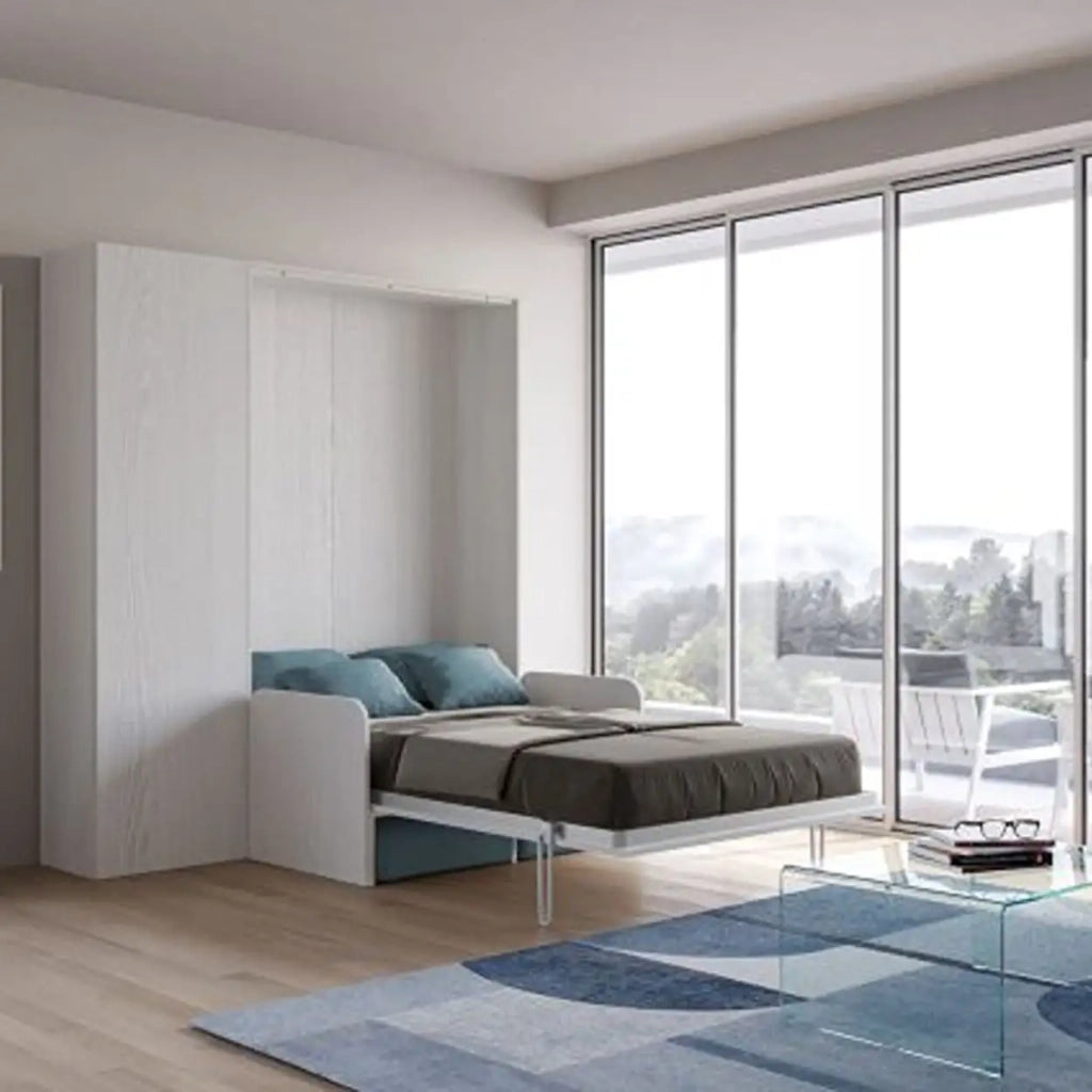 Letto matrimoniale francese a scomparsa 140 Kentaro con divano e colonna bianco frassino, azzurro