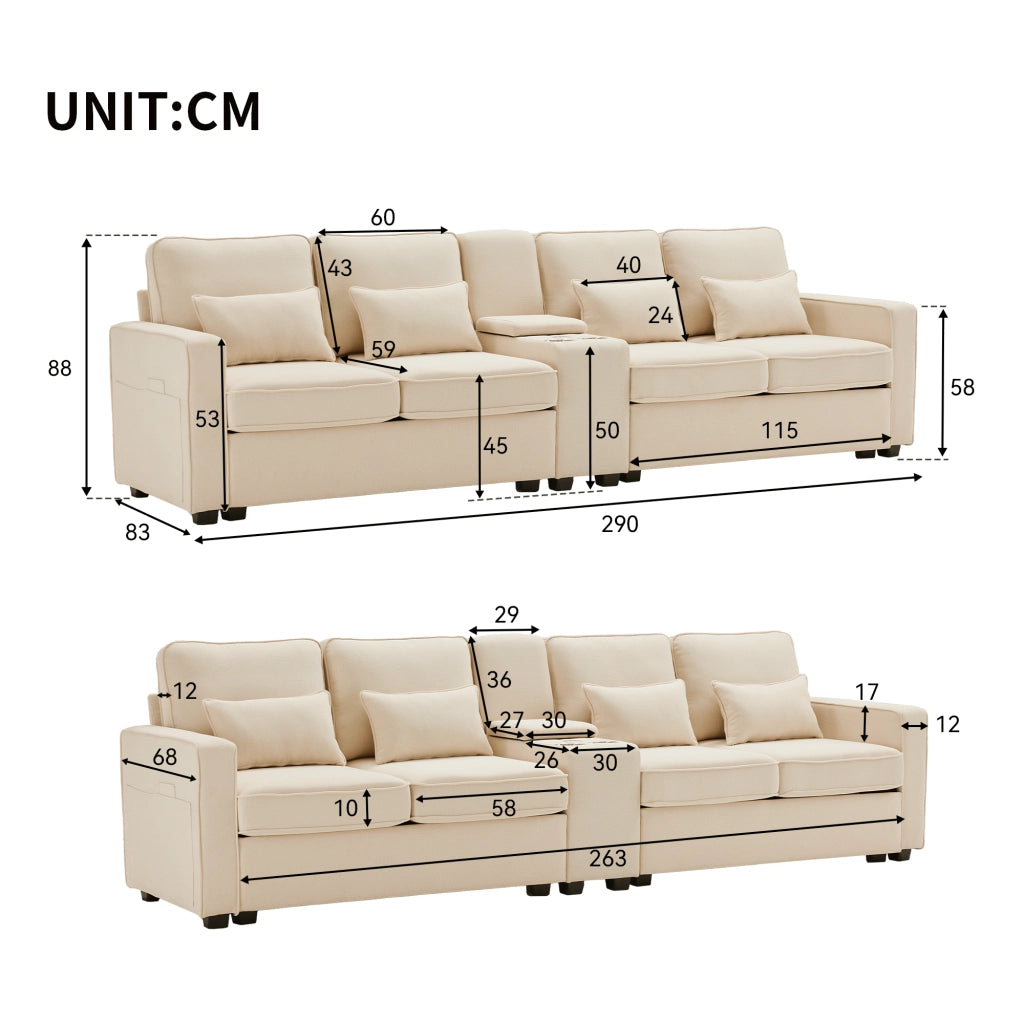SOFA 4 POSTI CON USB, PORTABICCHIERI, TASCA BRACCIOLI E 4 CUSCINI 290x83x88 cm BEIGE