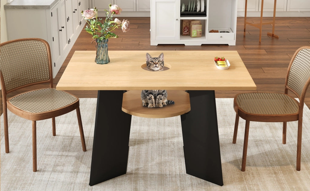 Tavolo da pranzo con area per gatti e ripiano inferiore, piano apribile, per cucina e sala da pranzo, nero e naturale, 130 × 85 × 75 cm