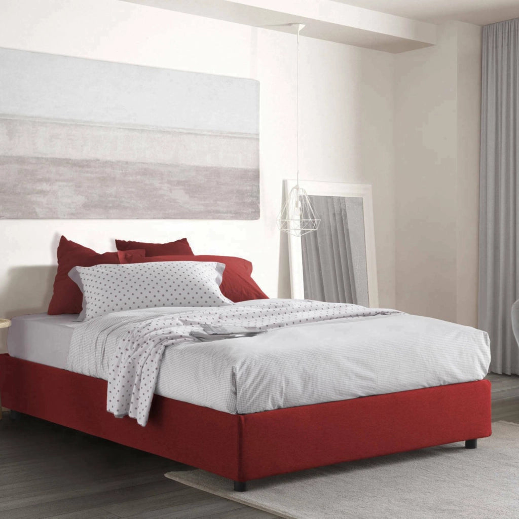 Letto matrimoniale Alaksir, Letto contenitore con rivestimento in tessuto, Made in Italy, Apertura frontale, con materasso cm 140x200 incluso, Rosso