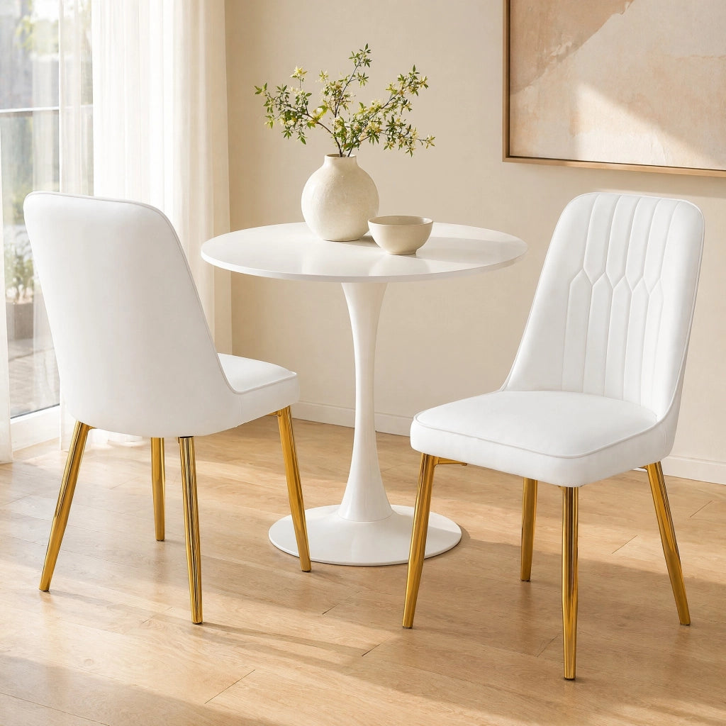 Sedia da pranzo moderna bianca con dettagli oro; 89 cm in PU leather e metallo