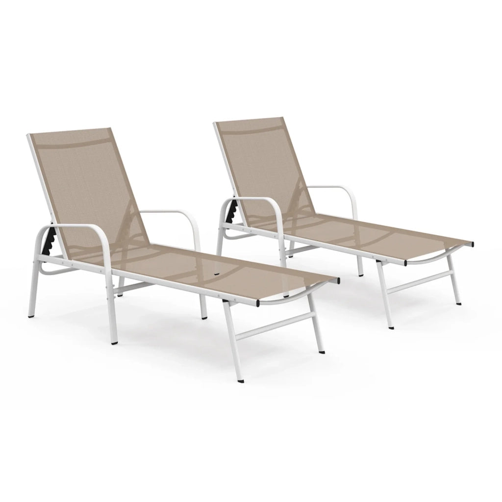 IDMarket - Set di 2 lettini da giardino reclinabili FIDJI in acciaio bianco e tessuto beige