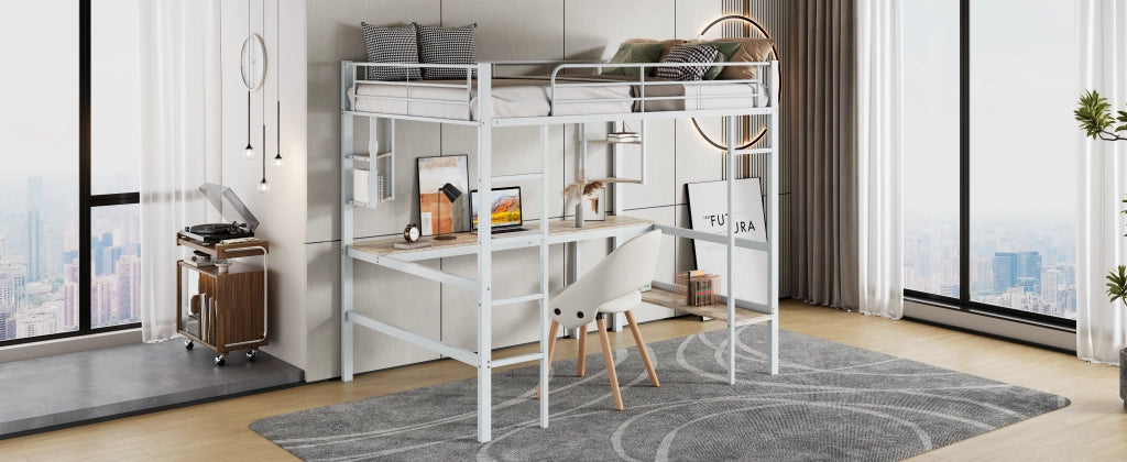 DESMIU Letto a soppalco 90 × 200 cm 1 posto con scrivania, 4 mensole e libreria, senza materasso, in metallo, bianco
