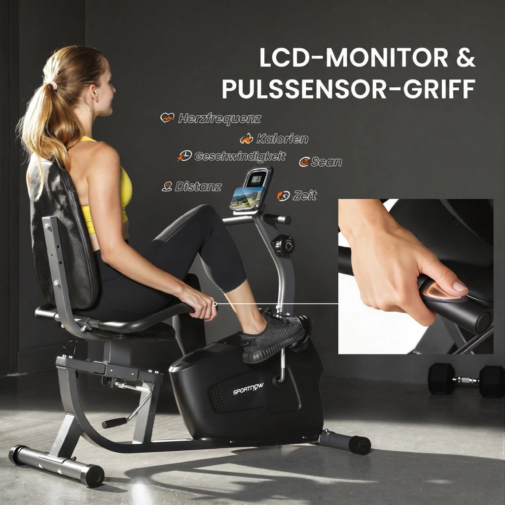 Bicicletta da allenamento magnetica reclinata ¨C Minimal ¨C 8 livelli di resistenza regolabile, monitor LCD, metallo e plastica, nero