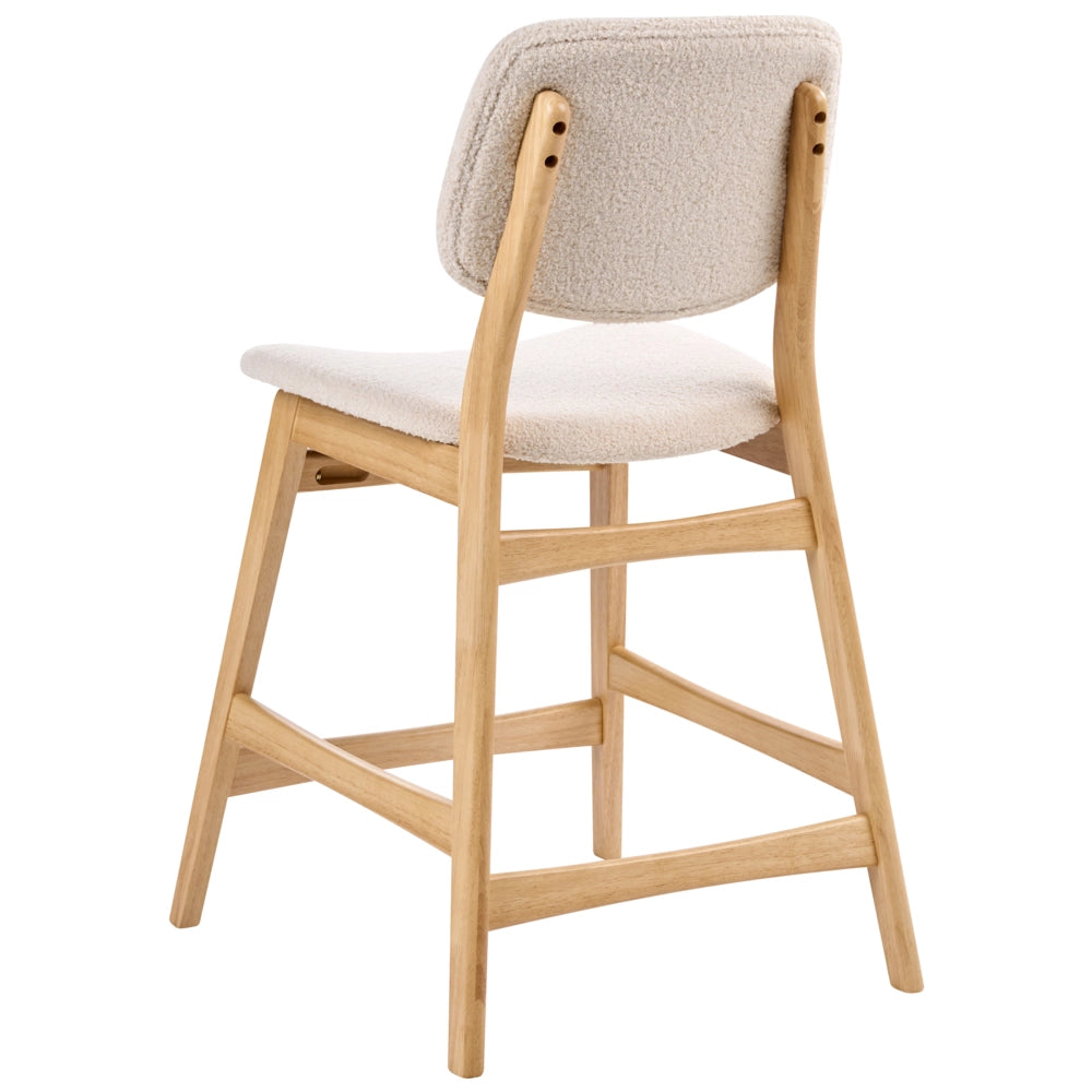 Set di 2 sedie da bar con struttura in legno di gomma marrone chiaro e seduta in tessuto bouclé beige senza braccioli design retrò