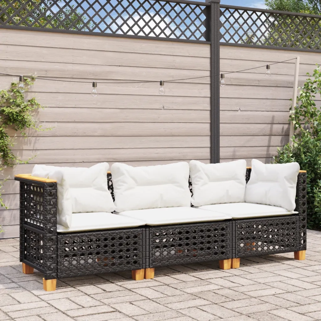 Divano da Giardino a 3 Posti con Cuscini-Sofa da Giardino-Divano da esterno Nero in Polyrattan 833878