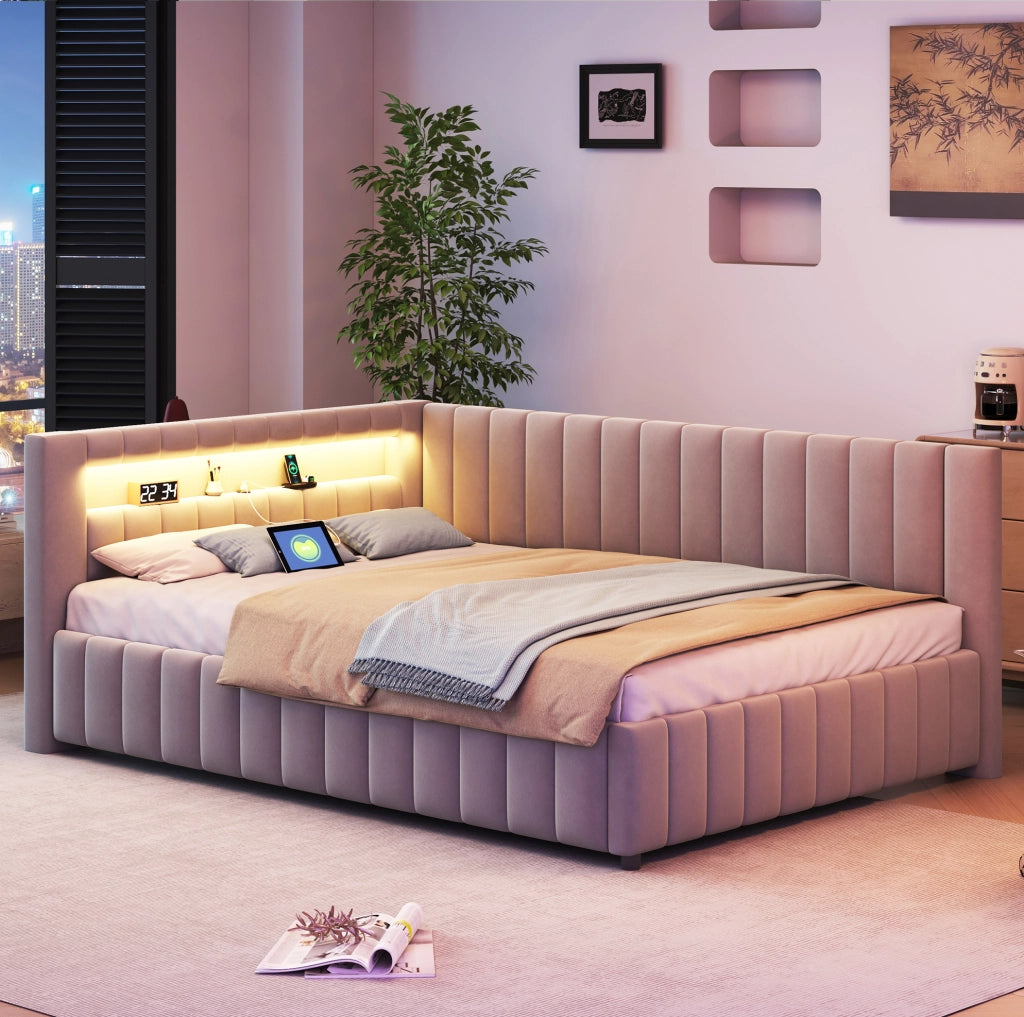 Divano letto imbottito L 140x200 in velluto con LED e USB; grigio