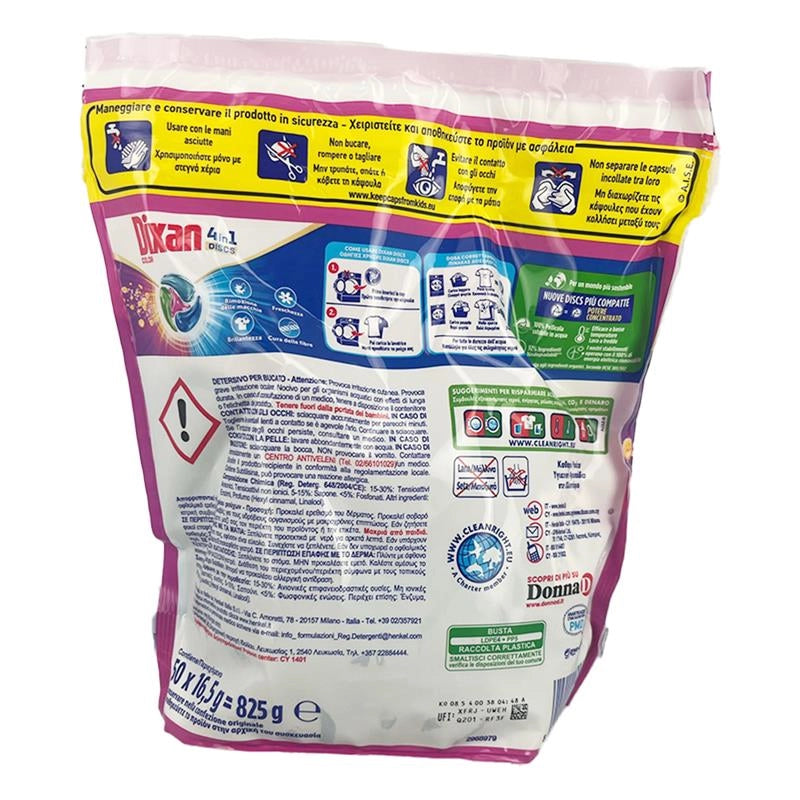 DIXAN COLOR 4 IN 1 DISCS PULITO PROFONDO PULIZIA PER IL BUCATO FRESCHEZZA IGENICA PER LA LAVATRICE POTERE CONCENTRATO 50 DISAGGI 825 G