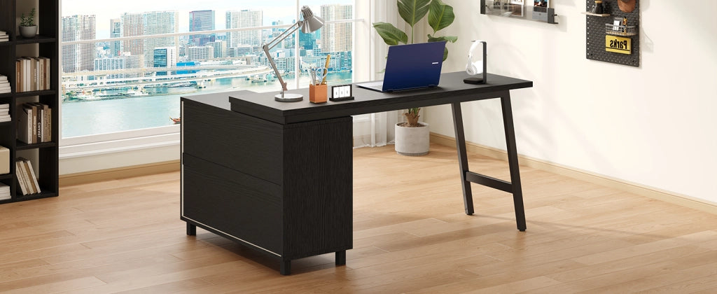 Scrivania angolare con 3 cassetti e 2 vani aperti in MDF e acciaio per ufficio e studio nero bianco 150 × 100 × 76 cm