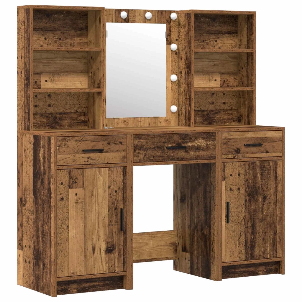 Set da Toeletta | Tavolo da Trucco con LED con porta 3 pz Legno vecchio
