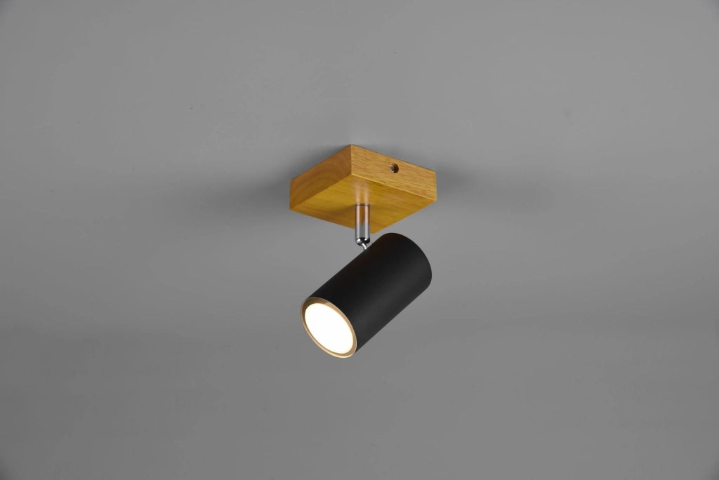 MARLEY BASE SPOT CILINDRO NERO BASE LEGNO NATURALE H. 16CM 1 LUCE ATTACCO GU10