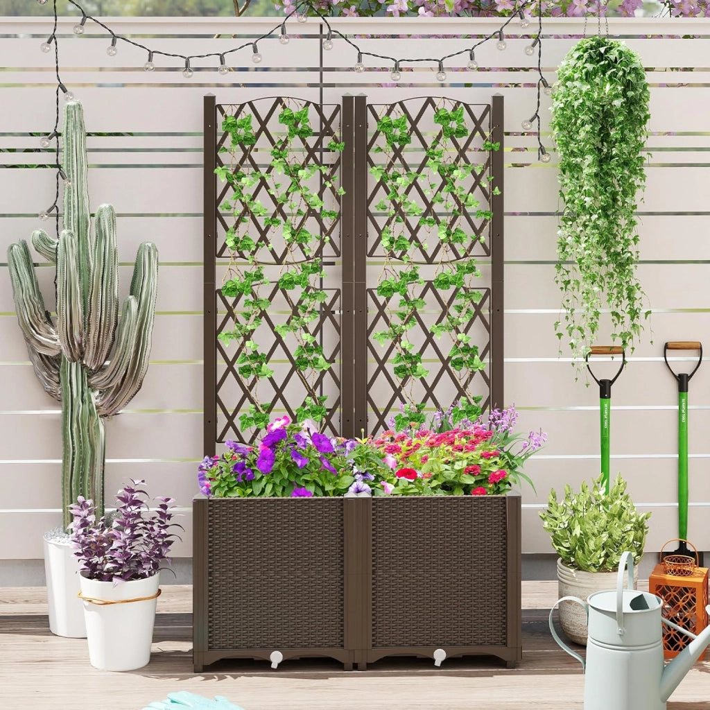 Letto da Giardino Elevato con Trellis a Lattice, Fioriera Autoinnaffiata per Piante Rampicanti, Fiori e Verdure, Fioriera Verticale da Interni e Esterni (Marrone,80 x 40 x 140 cm)