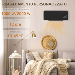 Termoventilatore da Parete Oscillante 54,5x12x21,5 cm in ABS Nero