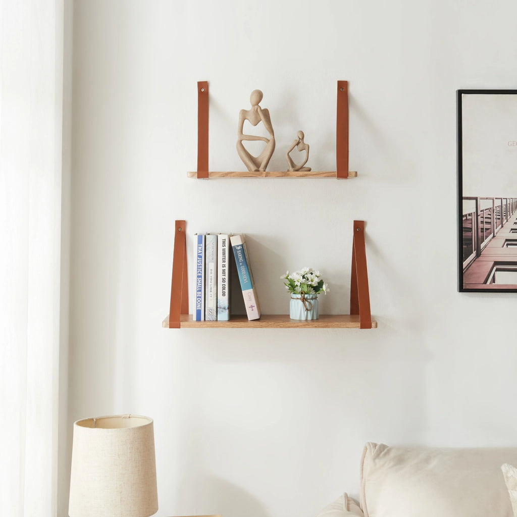 Set di 2 Mensole da Muro Utsira con Staffe in Similpelle - Marrone / Effetto Rovere [en.casa]
