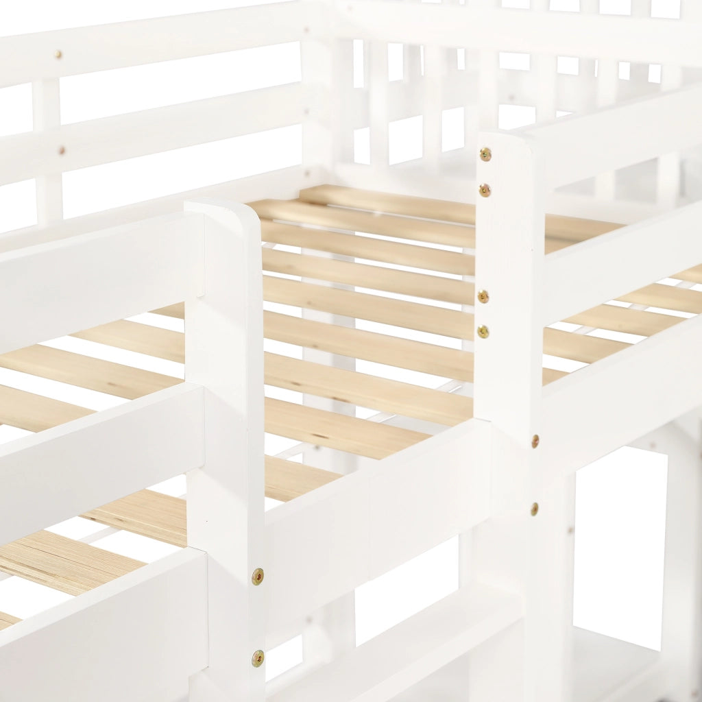 Letto a castello 90x200 cm con scivolo; tetto e 3 posti letto in legno e MDF bianco