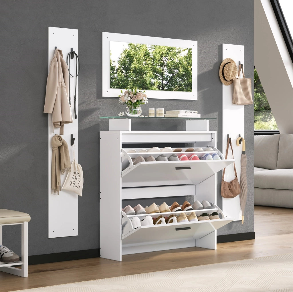Set guardaroba da ingresso in bianco con specchio e scarpiera