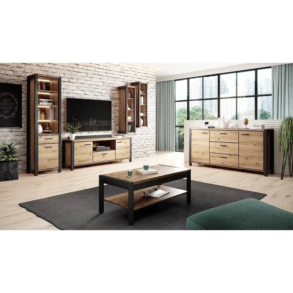 Table basse TIVORA – Rettangolare 120x60 cm – Rovere e nero – Con ripiano di stoccaggio