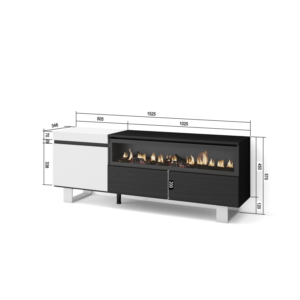 Mobile TV Soggiorno, 150x35x57cm, Per TV fino a 65", Camino elettrico, Design industriale, Bianco e nero RF2449