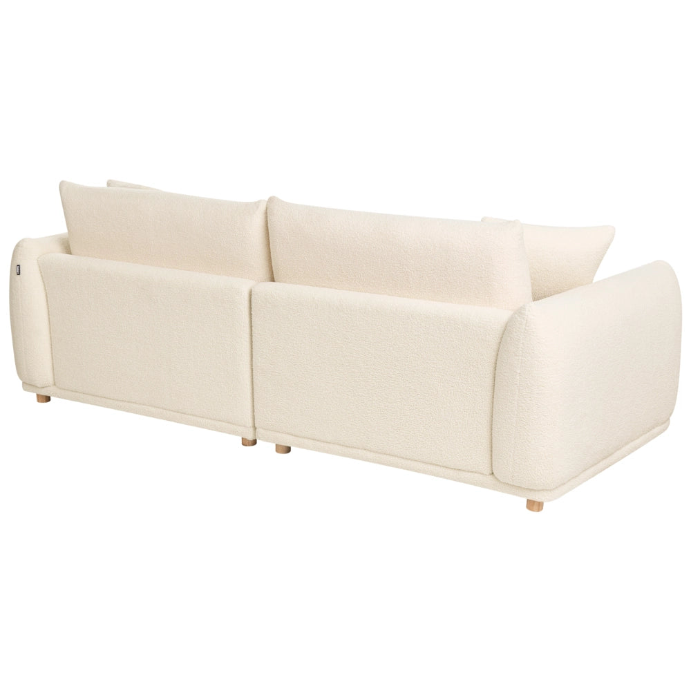 Set divano moderno a 5 posti in bouclè con cuscini decorativi e poltrone con gambe in legno bianco sporco stile moderno