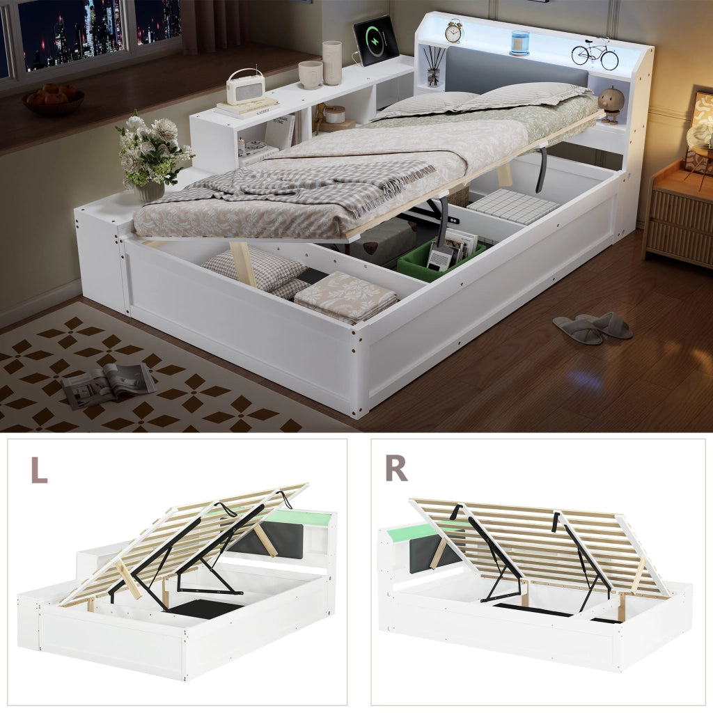 Letto contenitore 120x200 cm con apertura idraulica reversibile; testiera imbottita con vani; LED e USB; legno bianco