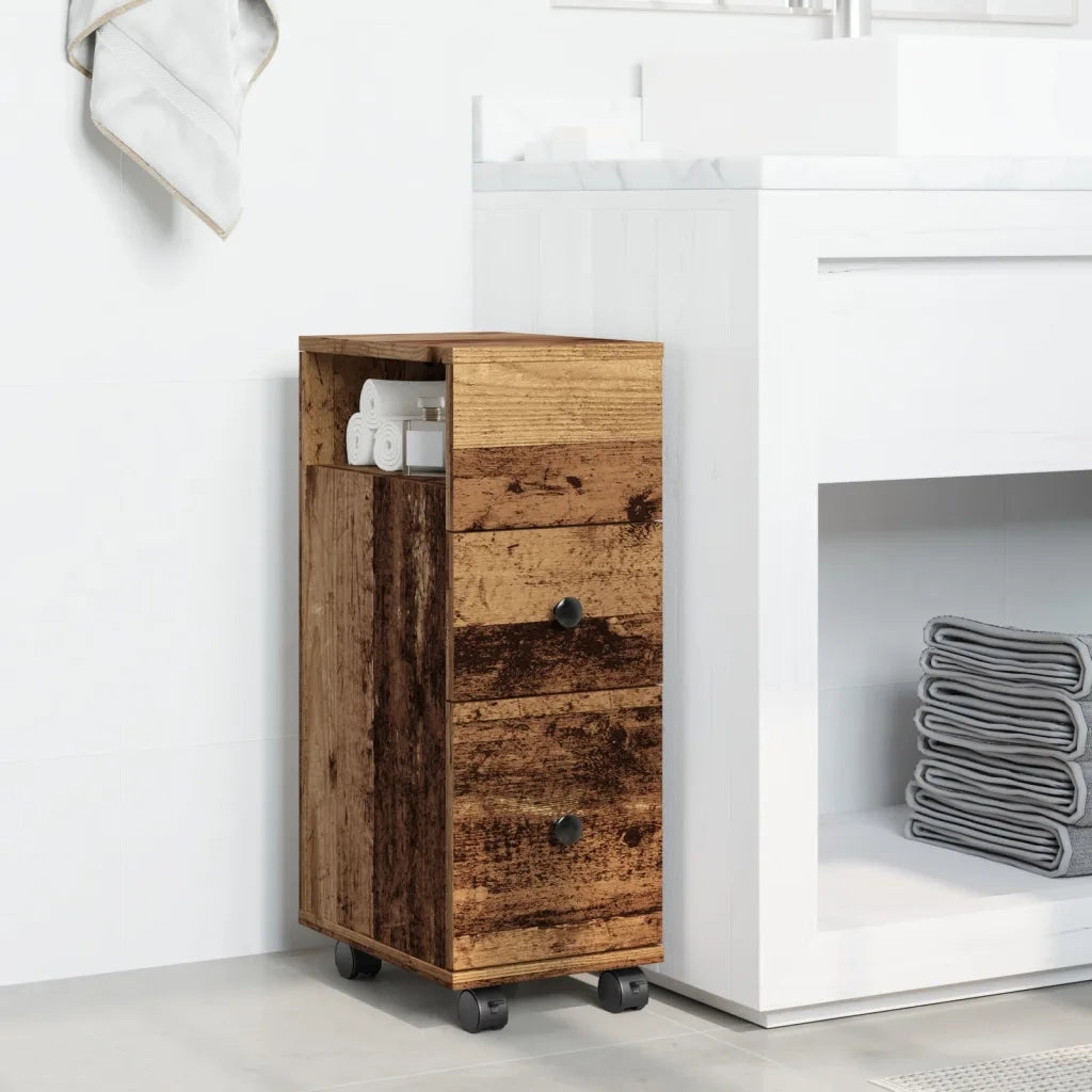 Mobile da Bagno Stretto con Ruote Legno Vecchio in Truciolato