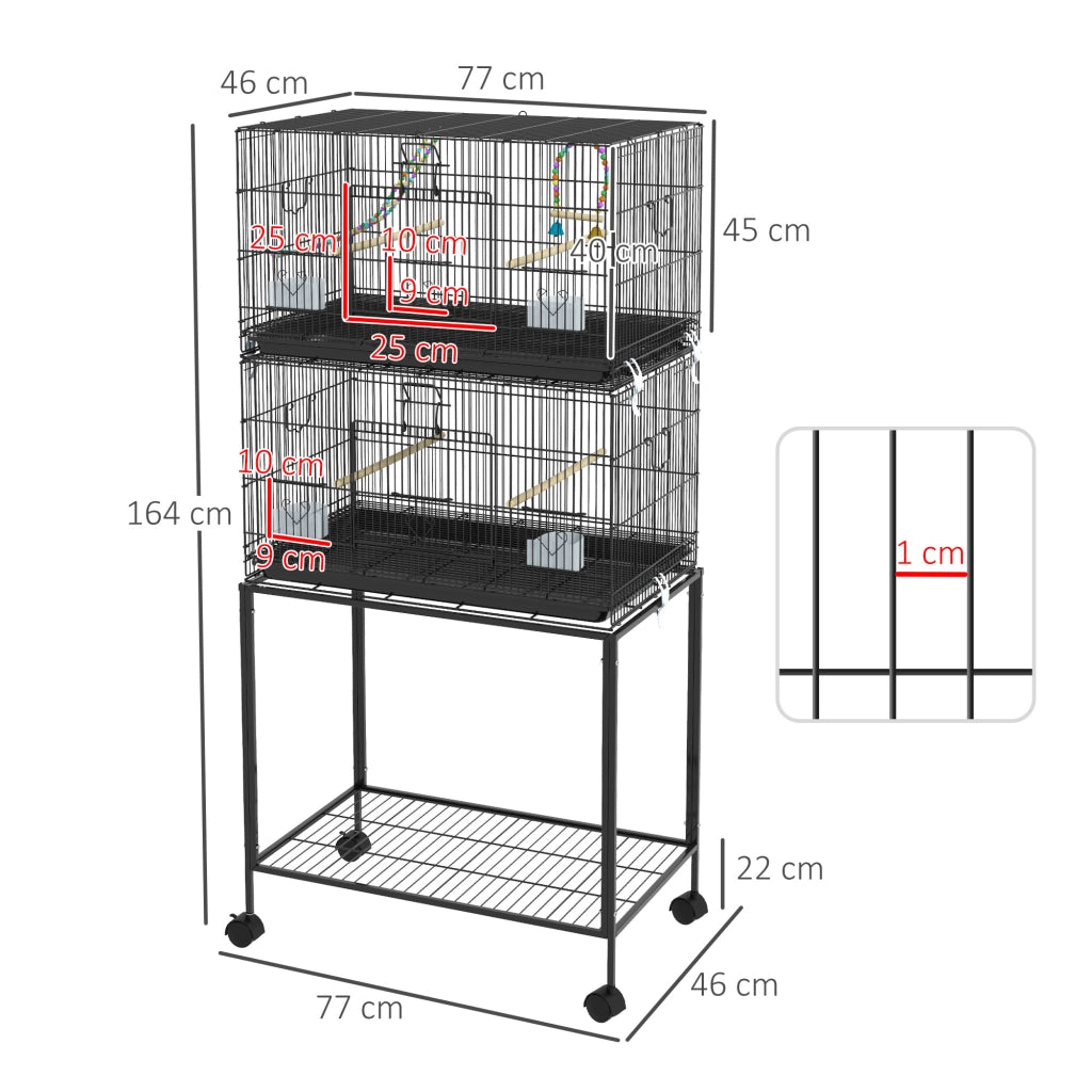 Gabbia per Uccelli in Acciaio e PP, Design Impilato con Posatoi, Altalene e Scalette, 77x46x164 cm, Nero