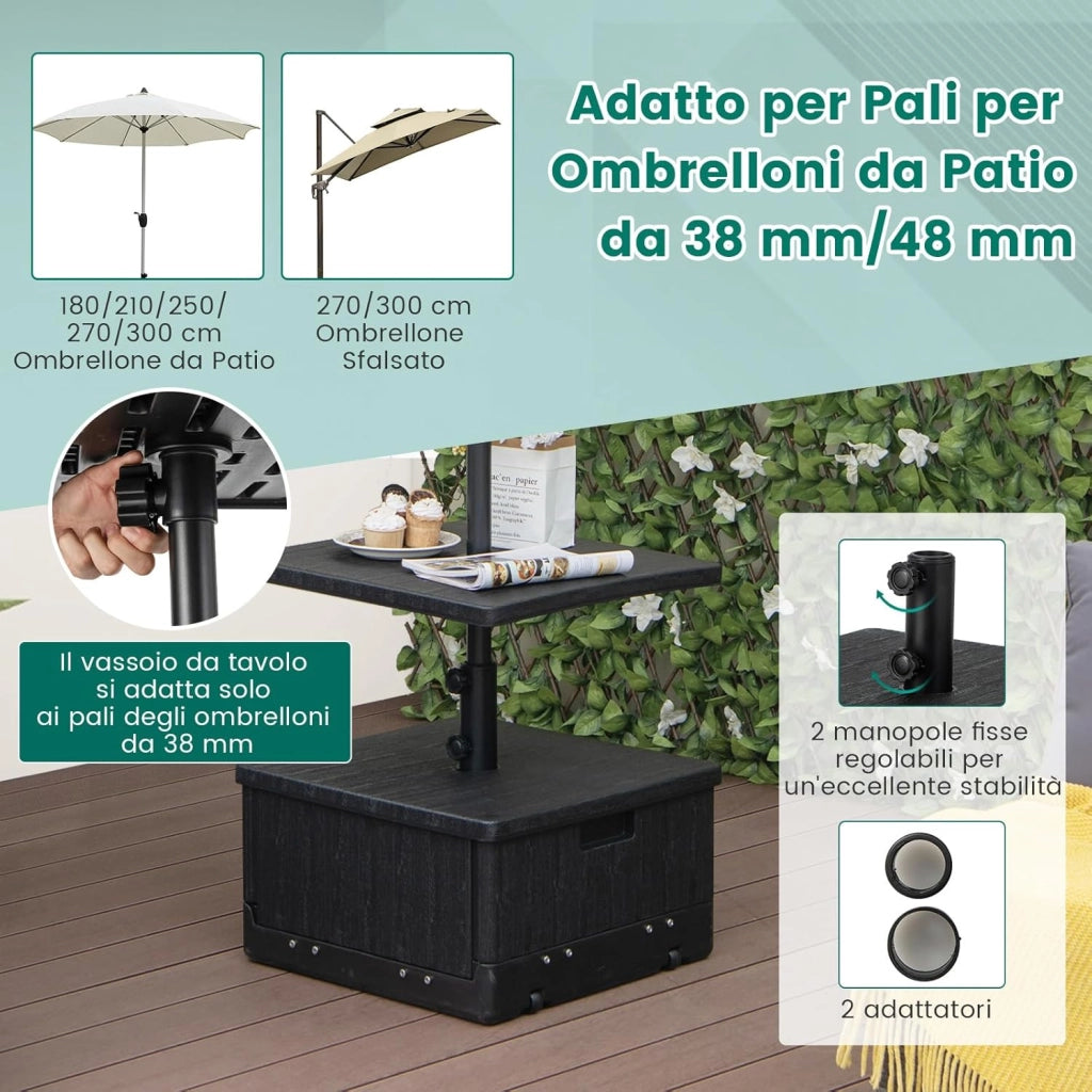 Base per Ombrellone, con Tavolino e Sacca Ponderata, Supporto per Ombrellone 45L, 67 kg di Sabbia, Vassoio, Ruote, per Ombrellone 38 mm/48 mm (Nero)