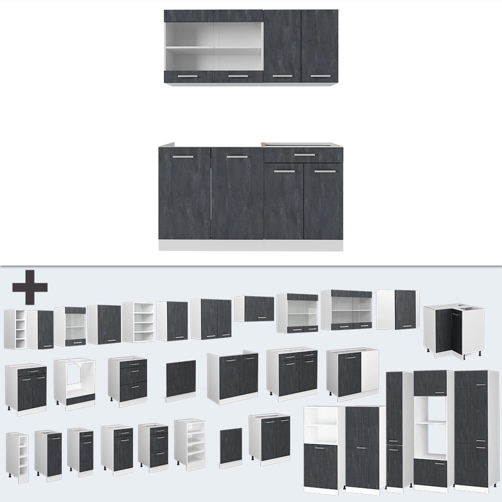 Vicco Cucina monoblocco Nero cemento/bianco 140 cm PL Marmo