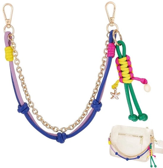Accessorio per borse a mano con cinturino in paracord e conchiglie di cowrie in pelle, ideale per l'interior design dell'auto.