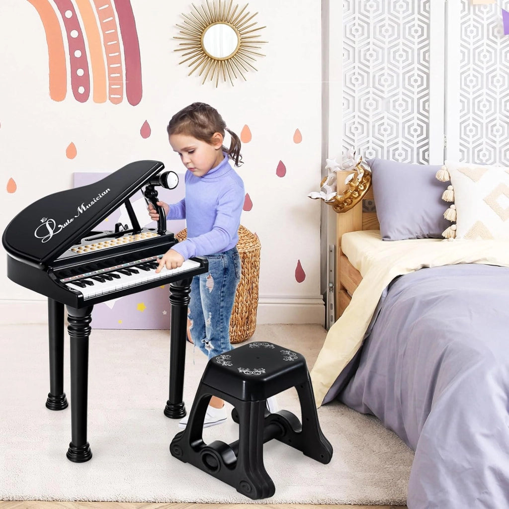 Tastiera Pianoforte a 31 Tasti per Bambini con Microfono e Sgabello, Tasti Giocattolo Portatile con Modalità di Insegnamento a LED, Pianoforte a Coda per Bambini 3+ Anni (Nero)
