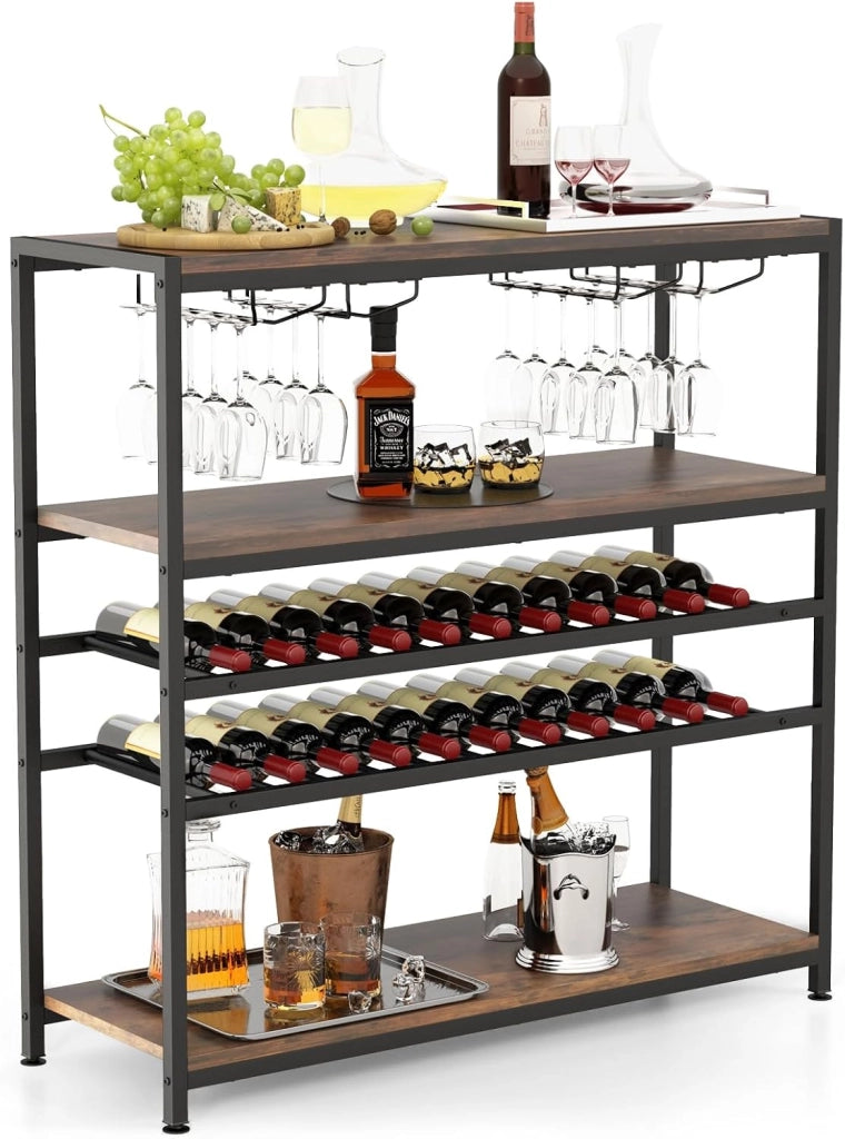 Mobile Portabottiglie a 5 Livelli, Portabottiglie per Vino da Terra con 2 Ripiani Porta Vini, 4 Porta Calici Piano Spazioso e Ripiani Aperti, per Cantine, Sala da pranzo, Cucina