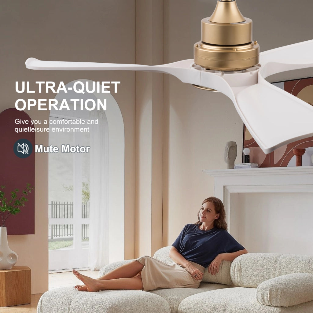 Ventilatore da soffitto bianco-oro 52 pollici con luce e telecomando, funzione memoria, motore DC silenzioso reversibile, 3 pale ABS