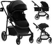 2 in 1 Passeggino per Bambini, Passeggino Pieghevole con Sedile Reversibile, Schienale Regolabile, Passeggino Leggero con Cintura di Sicurezza, Copertura, per Bambini 0-3 Anni (Nero)