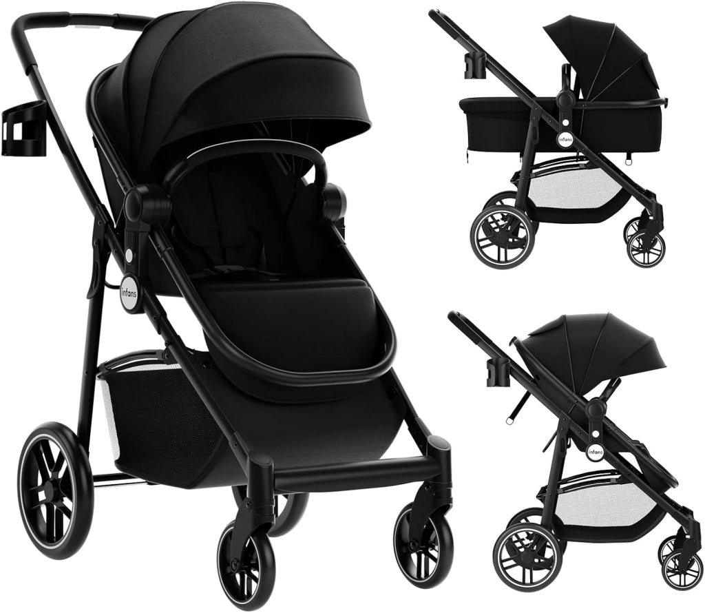 2 in 1 Passeggino per Bambini, Passeggino Pieghevole con Sedile Reversibile, Schienale Regolabile, Passeggino Leggero con Cintura di Sicurezza, Copertura, per Bambini 0-3 Anni (Nero)