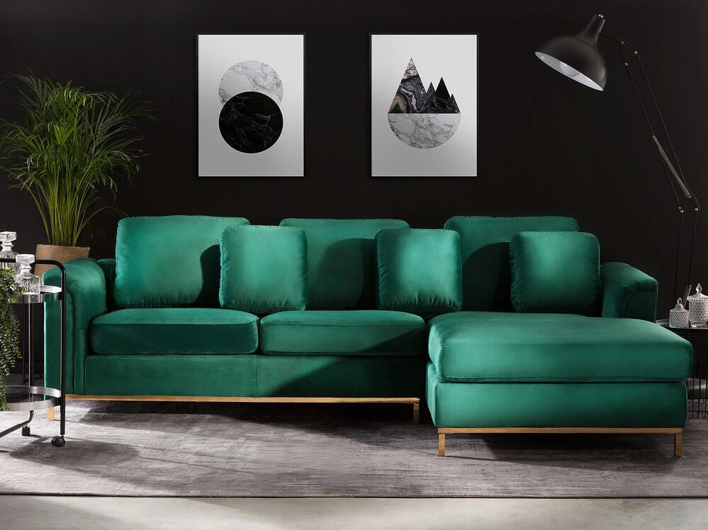 Divano ad angolo rivestito in velluto verde a forma di L con orientamento a versione sinistra