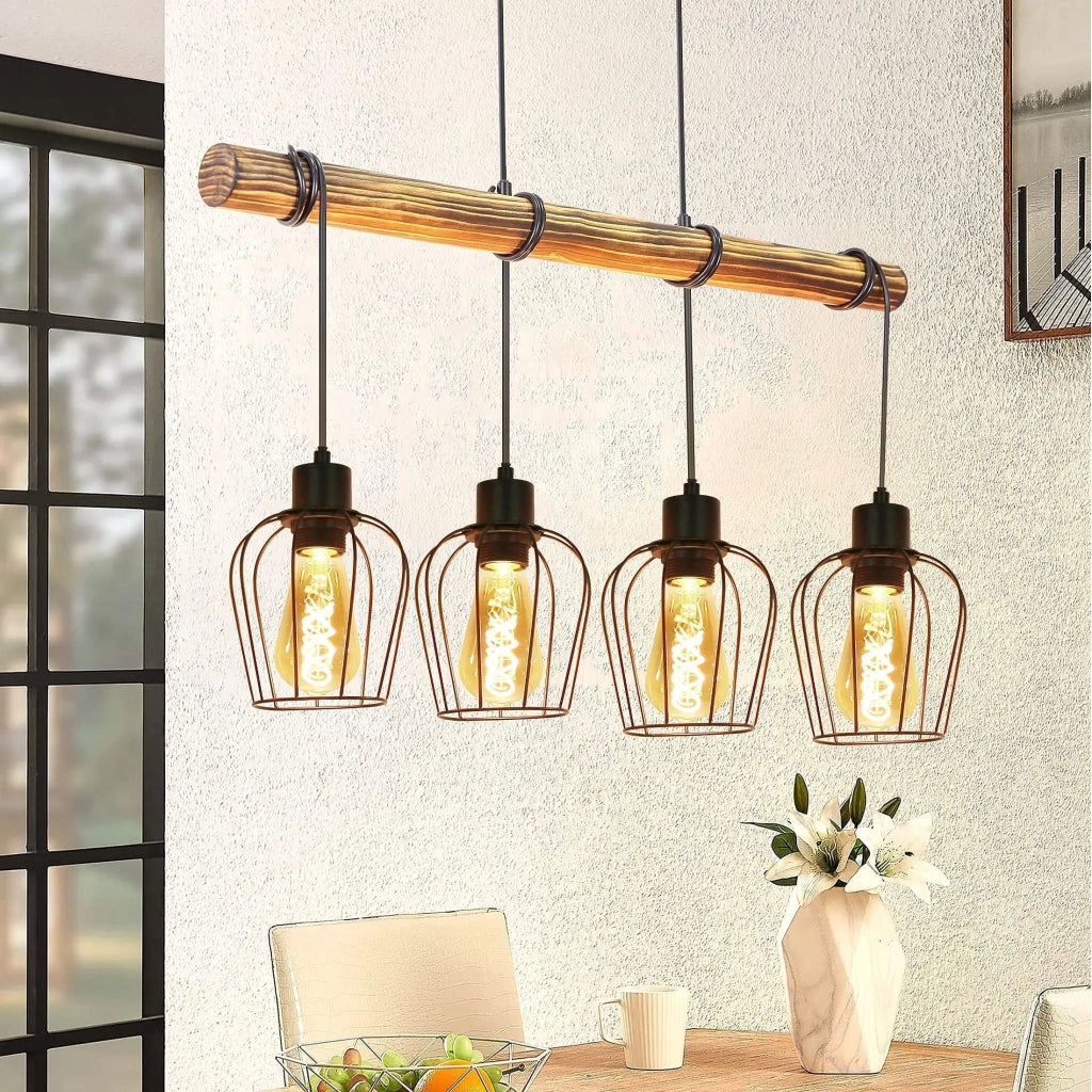 Lampada a sospensione ZMH retr¨° vintage 4 luci in legno design industriale regolabile
