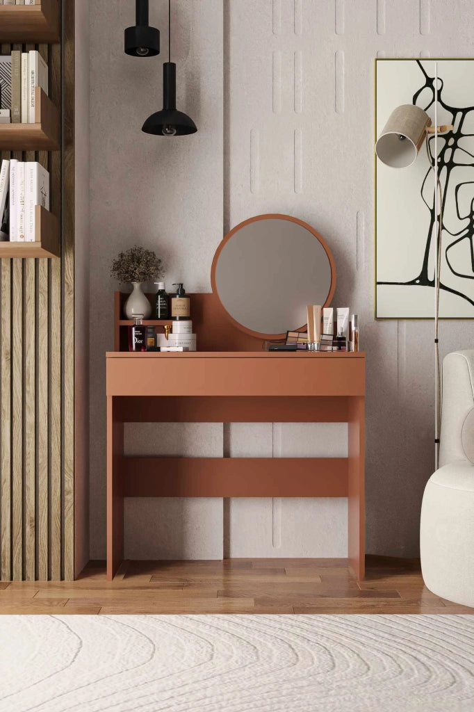 Comodino "Harmony Mini Round" con specchio in legno - 90 x 40 x 133 cm - Terracotta