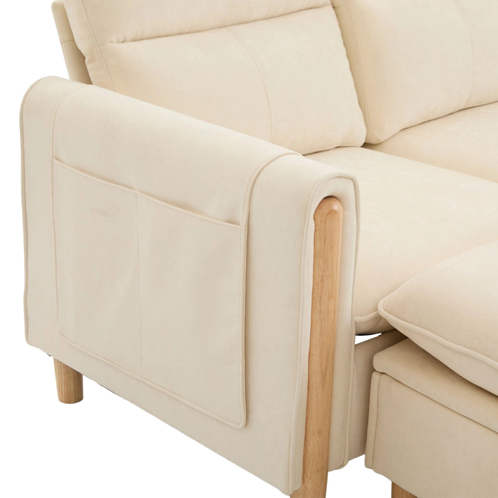 Divano ad angolo reversibile 3 posti con vano contenitore e tasche laterali in ciniglia beige