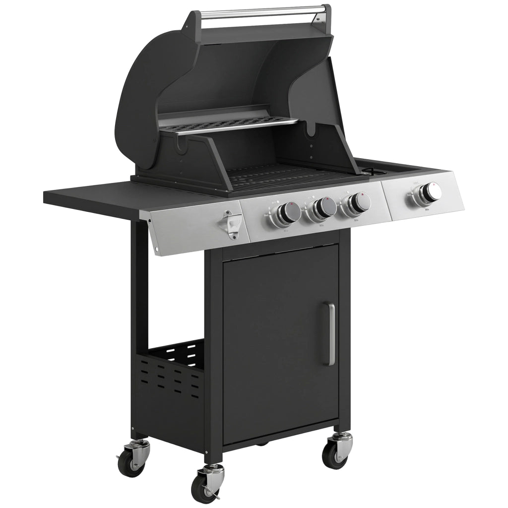 Barbecue a Gas 109x50x109 cm con 3 Fuochi e Bruciatore Laterale in Acciaio Inox e Metallo Nero