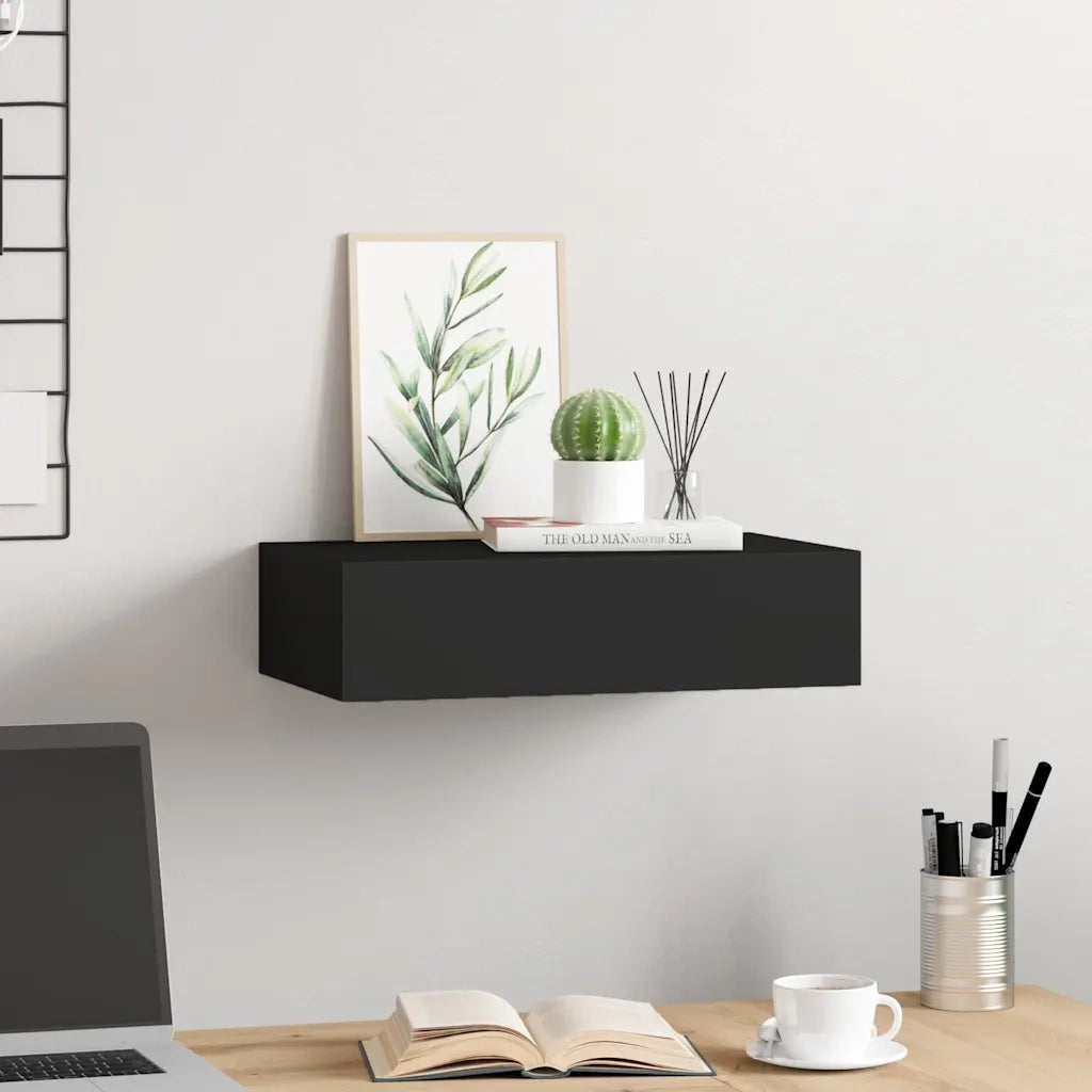 Scaffale con Cassetti da Parete | Mensola sospesa Nero 40x23,5x10 cm in MDF