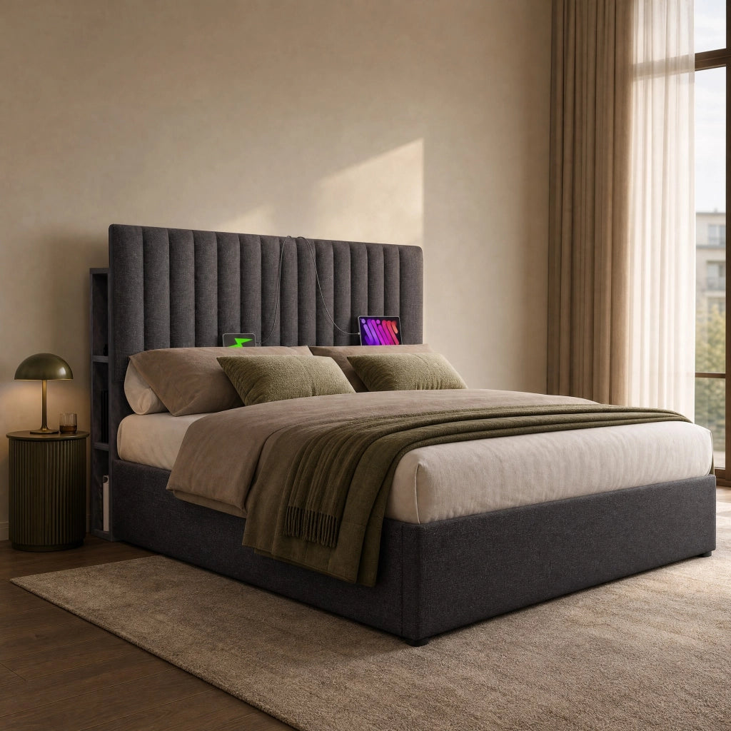 Letto matrimoniale imbottito 160x200 cm con contenitore; LED controllato da app; grigio in lino