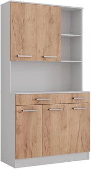 Buffet da cucina Raul, Rovere bianco/dorato, 100.1 x 188.5 cm con 5 porte e 2 cassetti, con ripiano aperto per dispositivi e spazio di archiviazione espandibile