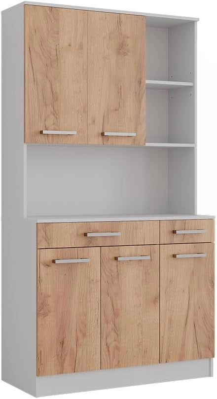 Buffet da cucina Raul, Rovere bianco/dorato, 100.1 x 188.5 cm con 5 porte e 2 cassetti, con ripiano aperto per dispositivi e spazio di archiviazione espandibile
