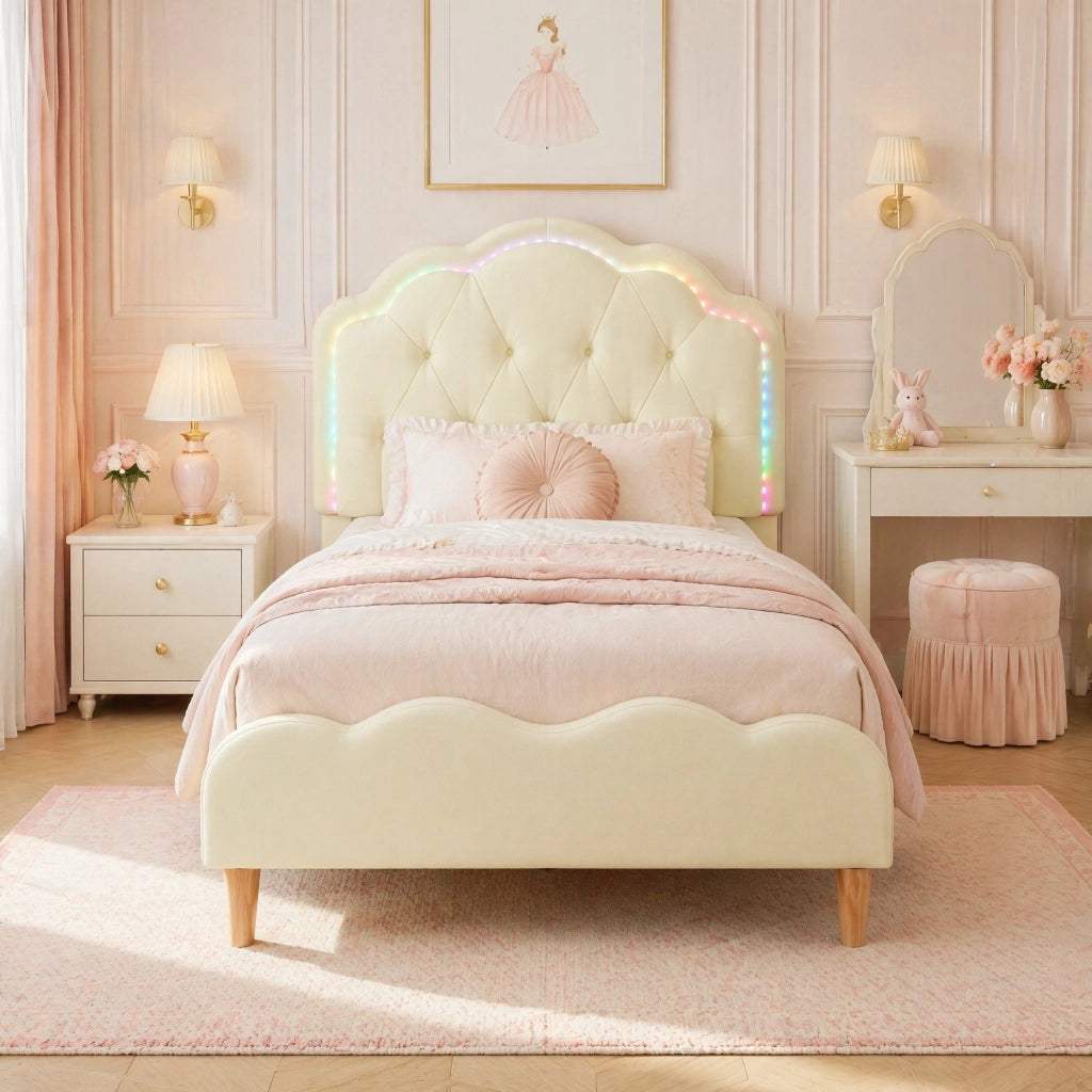 Letto singolo imbottito in PU beige con LED multicolore 90x200 cm