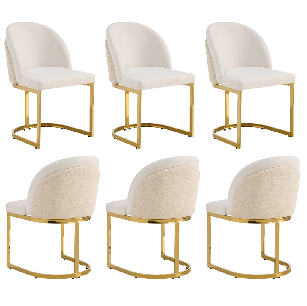 Set di 6 sedie da pranzo con doppio schienale e gambe in metallo rivestite in chenille beige e oro