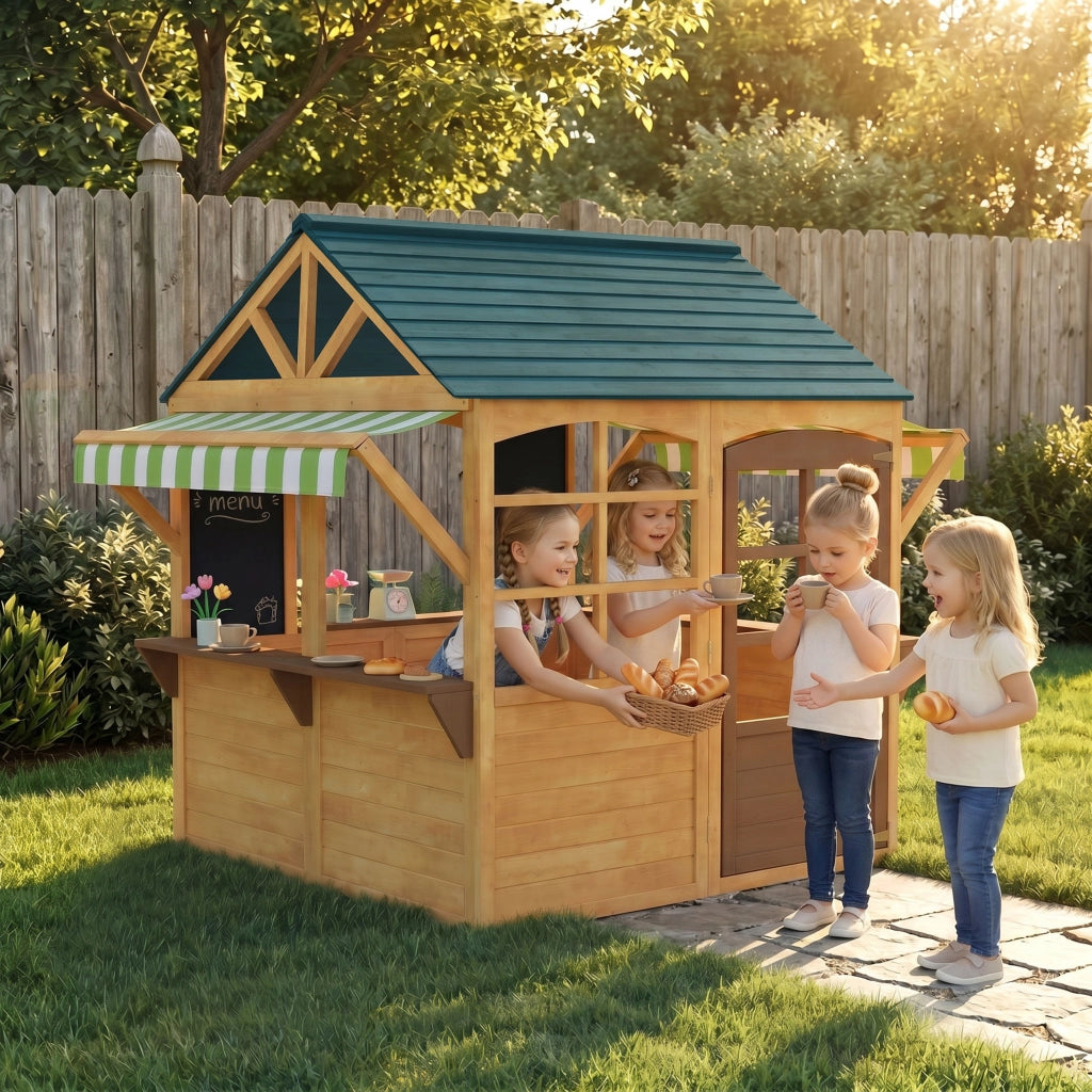 Casetta gioco pieghevole in legno ¨C Xylo ¨C con finestre e porta, marrone e blu, per bambini 3-8 anni